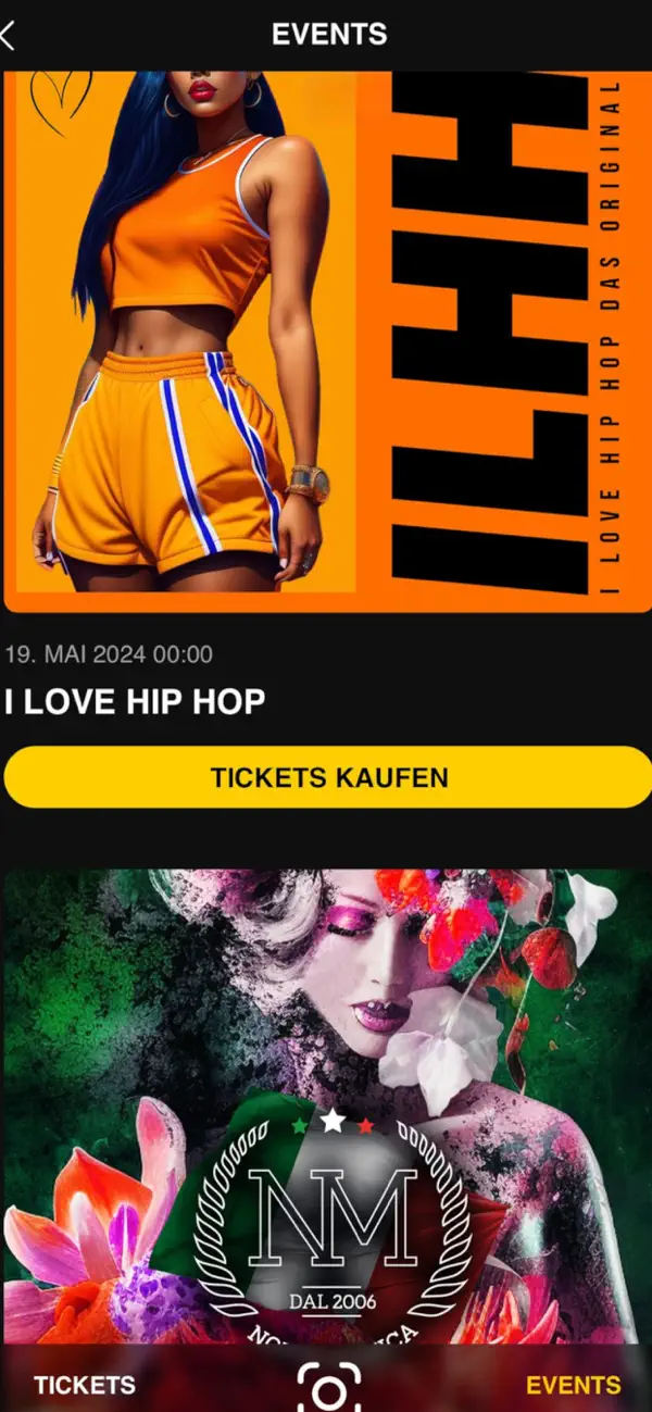 Event-Liste der Perkins-Park-App: Veranstaltung mit Datum, Artwork und Schaltfläche „Tickets kaufen“