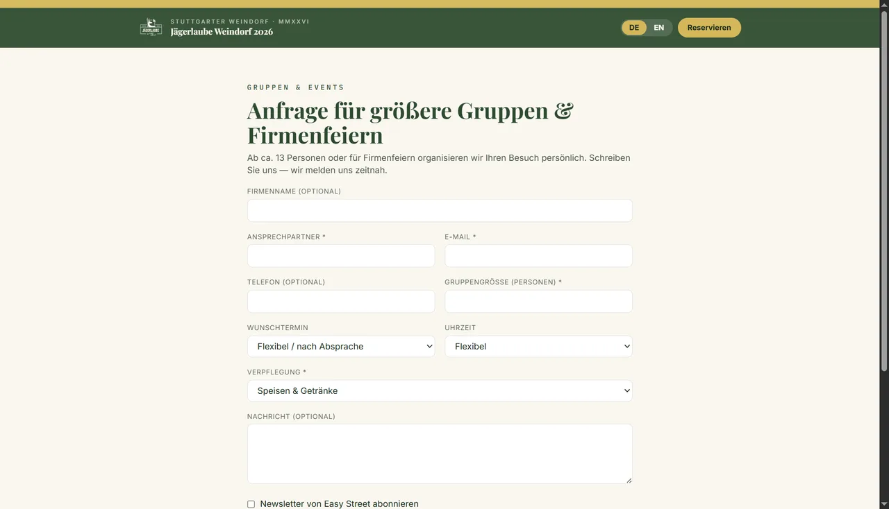 Anfrageformular der Jägerlaube für größere Gruppen und Firmenfeiern mit Feldern für Ansprechpartner, E-Mail, Telefon und Gruppengröße
