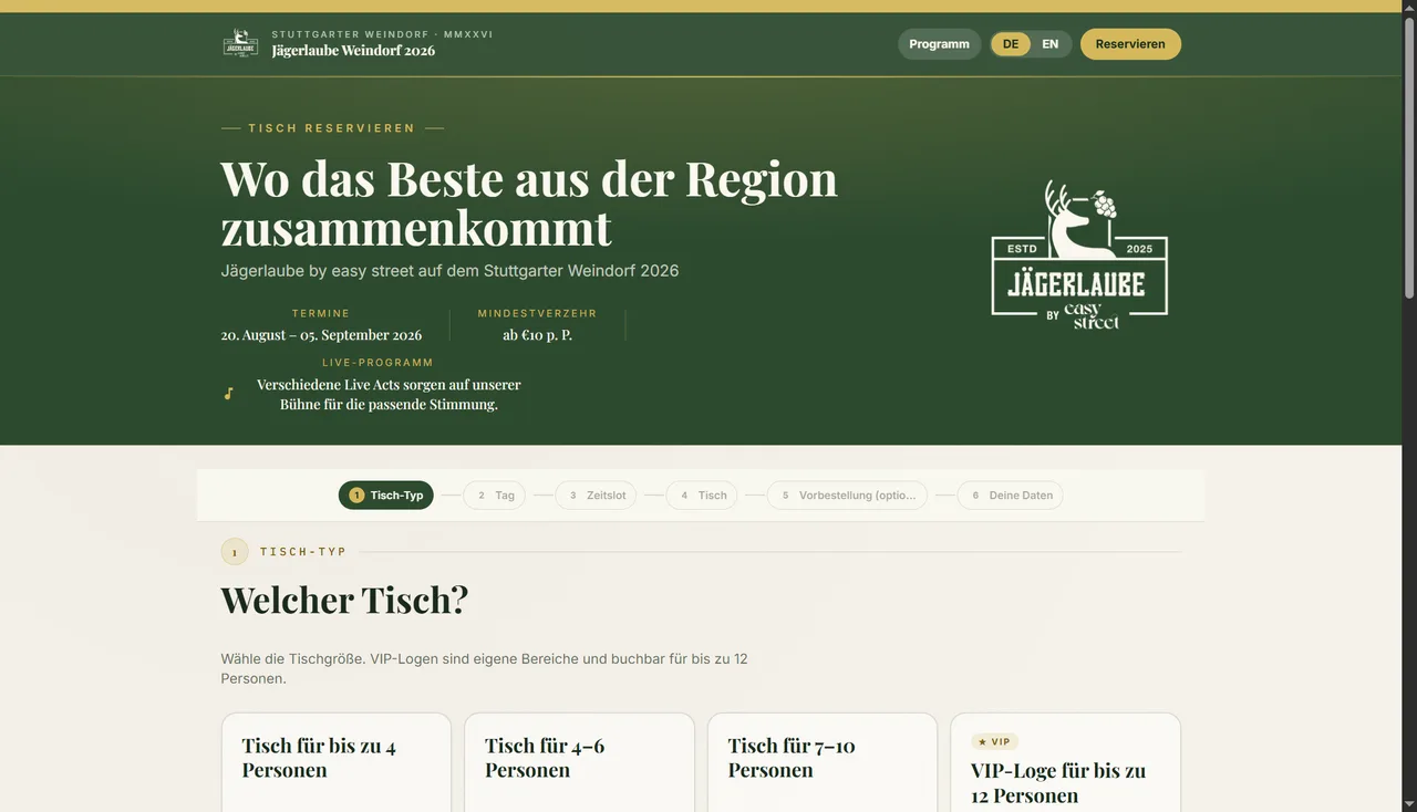 Reservierungsseite der Jägerlaube auf dem Stuttgarter Weindorf 2026 mit Startbild, Terminen und dem ersten Buchungsschritt „Welcher Tisch?“