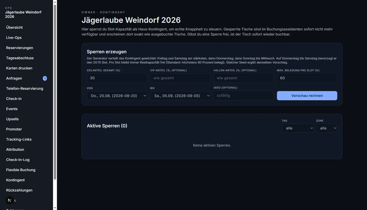 Backend-Ansicht „Owner · Kontingent“: Generator für Haus-Sperren mit Feldern für Zielanteil, VIP-Anteil, Hallen-Anteil, maximale Belegung je Slot und Zeitraum, darunter die Liste der aktiven Sperren